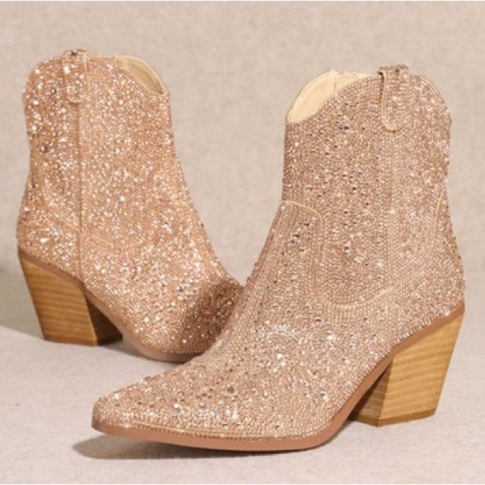 MIIM ANGEL Rose Gold Rhinestone Embellished Ankle Western Heeled Cowboy Boots - Picture 5 of 7